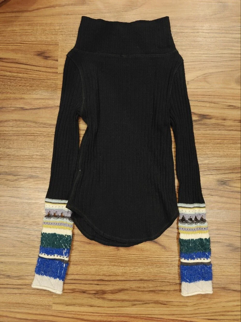 Free People Mixed Up Cuff Black Thermal Long Sleeve Top